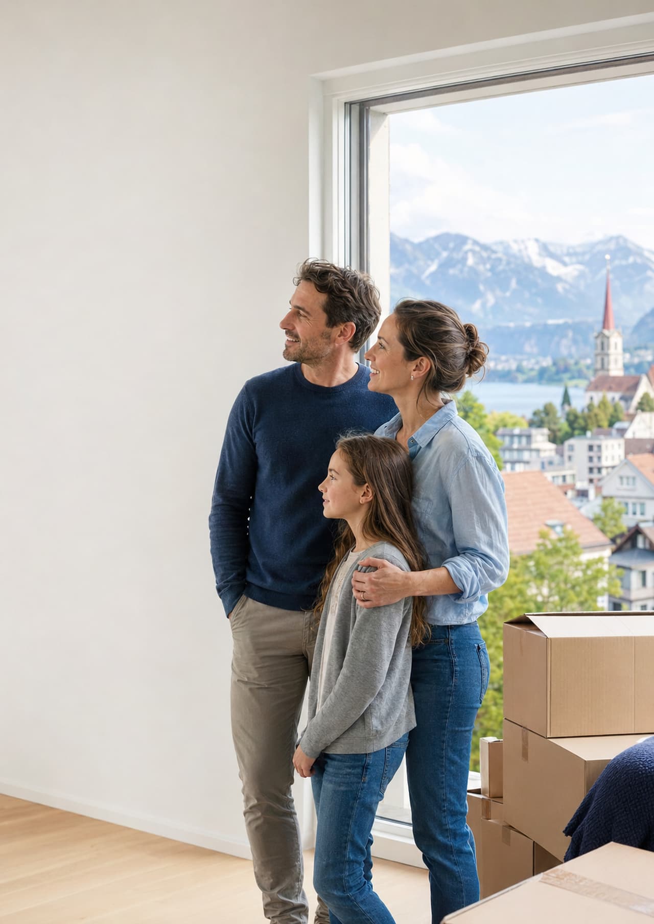 Eine Familie steht in der leeren neuen Wohnung am Fenster, zwischen Umzugskartons, und blickt auf See und Berge.